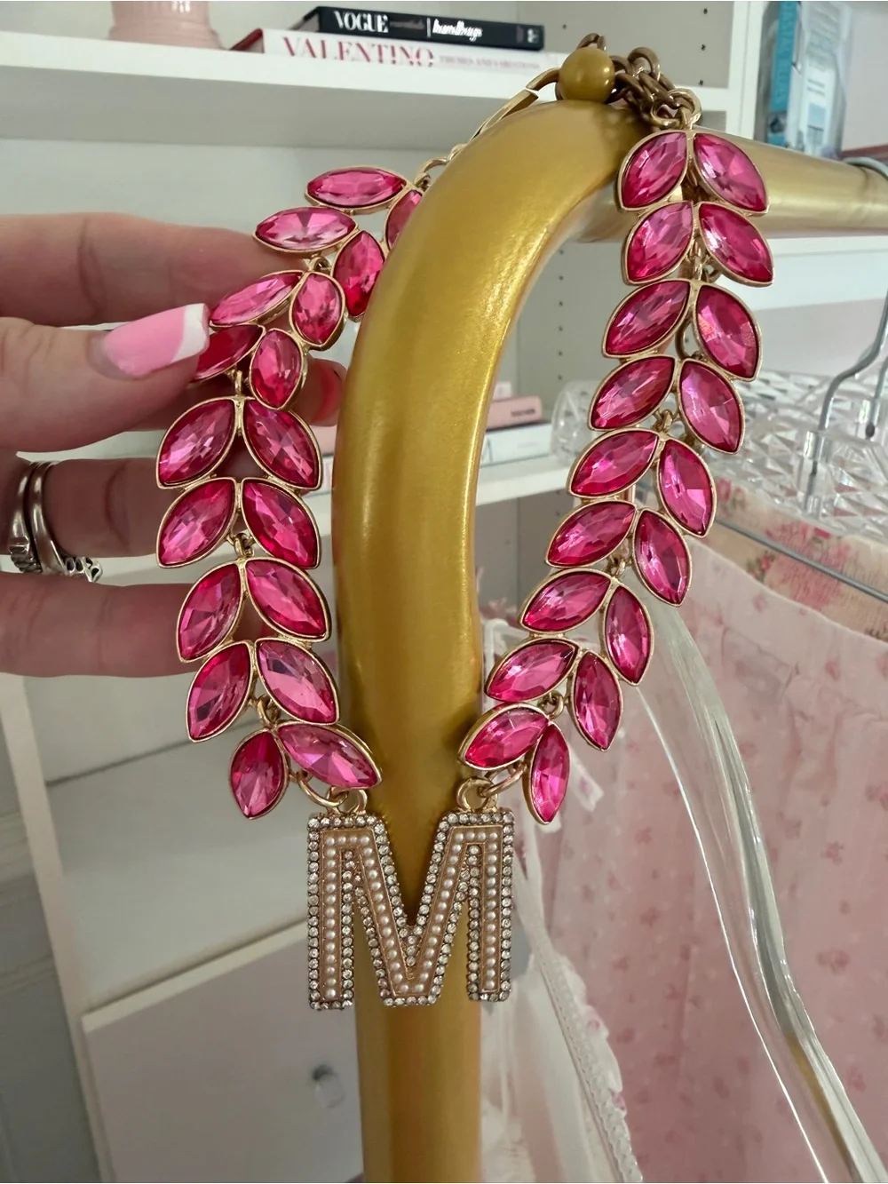 Gold-Tone Pet Necklace with Pink Crystal Leaf Accents and 'M' Charm